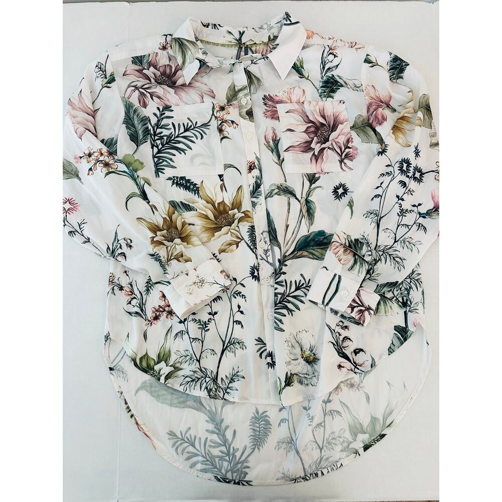By Anthropologie Relaxed Long-Sleeve Floral Shirt Blouse Pearl Botanical L - Picture 4 of 10